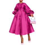ZJKRL -  Elegant Satin Lantern Sleeve Party Maxi Dress Women Solid Button Down Shirt Evening Wedding Long Dress Women