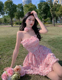 Casual Floral Sexy Dress Women 2024 Summer Pink Sleeveless Patchwork Mini Dresses Female Elegant Party Holiday Slim Korean Dress