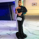 Zjkrl  -  Dark Green Sequined Evening Gowns Sparkly High Neck One Long Sleeve Prom Dresses African Women Formal Occasion Party Dress