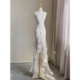 Zjkrl  -  Elegant White Round Neck Slim Fit Sleeveless Women Wedding Dress Evening Party Gown with Ruffles Vestidos De Novia