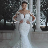 Zjkrl  -  Sexy Mermaid Wedding Dresses Long Sleeves New Lace Illusion See Through Back Lace Bride Dresses Court Wedding Gowns Luxury