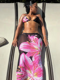 ZJKRL -  Puss Sexy Flower Print 3 Piece Set Women Thin Bra+Thong+ Long Skirts Matching Vacation Matching Clubwear Beach Swimsuit