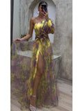 Zjkrl - Elegant Tie-dye Print Dress Women  Fashion Oblique Shoulder Pleated Long Dresses 2023 Summer Autumn Lady Party Evening Vestidos