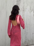 Zjkrl - Fashion Print Backless Knitted Long Dress Women Button Neck-mounted High Waist Robe 2023 Autumn Office Vacation Party Vestidos