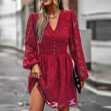 V-Neck 2023 Spring/Summer Flower Print Lantern Sleeve Waist Closing Temperament Casual Yarn Mesh Dresses Elegant Women's Dresses