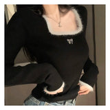 Zjkrl  - holiday outfits Winter Women Butterfly Embroidered T-shirts Square Neck  Long Sleeve Patchwork Y2K T-Shirts Autumn Women Casual Tees