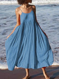Women Boho Spaghetti Strap Big Swing A Line Long Dress Solid Cotton Sexy Beach Fashion White Black Blue Dresses Vestidos