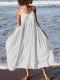 Women Boho Spaghetti Strap Big Swing A Line Long Dress Solid Cotton Sexy Beach Fashion White Black Blue Dresses Vestidos
