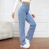 Zjkrl  -  Denim Jeans Women Straight Pants Washing High Waist Loose Pockets Basics Ankle Length Y2k Blue Pants Streetwear Slight Strech