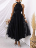 ZJKRL -  Elegant Pleated Mesh Maxi Wedding Dress Women Solid Halter High Waist Sleeveless Party Cocktail Bridesmaid Long Dresses