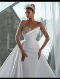 Zjkrl  -  Custom Sparkly Beads Mermaid Wedding Dresses Satin Attachable Train Sheer Neck Long Sleeves Arabic Luxury Bridal Gown
