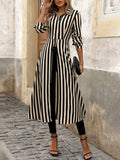 ZJKRL -  New Women's Extra Long Shirt Top Lapel Collar Long Sleeves Striped Long T-shirt Split-joint Pleated Blouse
