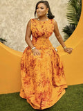 ZJKRL -  Ladies Long Sleeveless Dress Low Waisted Print Dresses Women Summer Sexy Orange Elegant and Chic Dress