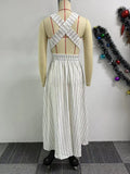 ZJKRL -  Summer Women White Casual Dress A-line Backless Dresses with Crossed Neck on Back Elegant and Youthful Sexy Dresses Stripe Print