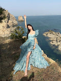 ZJKRL -  Summer New French Style Watercolor Painting Puff Sleeve Slimming Elegant Women's Chiffon Dress Fragmented Pattern Z669