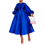 ZJKRL -  Elegant Satin Lantern Sleeve Party Maxi Dress Women Solid Button Down Shirt Evening Wedding Long Dress Women