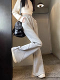 Zjkrl  -  holiday outfits Korean Winter Thick Flare Pants Women Casual High Waist M-3Xl Grey Trousers Lace Up New Pockets Loose Streetwear Sweatpants