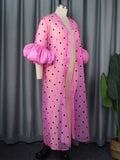 Women Printed Long Dress Mesh Polka Dot Tulle See Through Short Lantern Sleeve Sexy Transparent Casual Gown Loose Summer