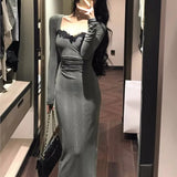 ZJKRL -  Elegant Bodycon Evening Party Dresses Women Long Sleeve Lace Square Collar Midi Dress High Split Prom Robe Autumn Vestidos New