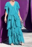 Zjkrl  -  Women Dress Sexy Long Dresses V Neck Short Sleeve Ruffles Slim Mom Party Maxi Elegant Splice A Line Vestidos High Waist