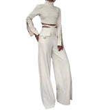 Zjkrl  -  holiday outfits Women Pant Set Solid Two Piece Sets Turtleneck Full Sleeve Tops Sexy Wide Leg Long Pants Loose Casual Regular Splice