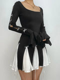Zjkrl - Lace Up High Waist Dress For Women Folds Splice Bodycon Mini Dress Hot Girls Street Slim See Through Dresses Woman Autumn