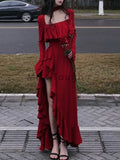 Zjkrl  -  Autumn Red Vintage Elegant Dress Women Flare Sleeve Designer Sweet Long Dress Female Ruffles Retro Princess Irregular Dress