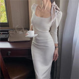 ZJKRL -  Autumn New Bodycon Midi Dresses Women Square Collar Long Sleeve Slim Waist French Vintage Office Lady Vestidos Female Clothing