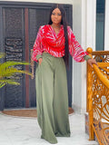 ZJKRL -  Pants Elegant Outfit Clothes Women Lantern Sleeves Draped Collar Shirt and Pant Outfit Autumn Straight Casual Lady Sets 2 Piece