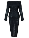 Women's Chic Pleated Midi Dress Off Shoulder See-Through Fitted Ruched Party Dress Night Club Outfits Clubwear