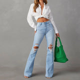 Zjkrl  -  Blue Jeans for Women Pants Jeans Casual Long Flare Pants Slim High Waist Hole Denim Trousers Button Capris Y2k Spring