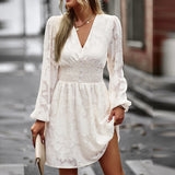 V-Neck 2023 Spring/Summer Flower Print Lantern Sleeve Waist Closing Temperament Casual Yarn Mesh Dresses Elegant Women's Dresses