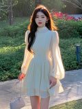 Zjkrl  -  French Elegant Slim Ruffle Dress Summer Women Graduation Evening Party Robe Female Bubble Sleeve Korean Chiffon Vestidos