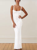Sexy Lace See Through Split Women Long Dress Female Slash Neck Spaghetti Straps Slim Fit Dresses Summer Fashion Elegant Vestidos