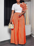 ZJKRL -  Wide Leg Woman Pants Set Summer Appliques White Top and Stripe Trouser Two Piece Office Ladies Wear