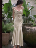 ZJKRL -  New Summer French Fashion Women Spaghetti Strap Elegant Long Mermaid Ruffles Dresses Evening Party Prom Clothes
