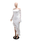 ZJKRL -  Women Elegant Slash Neck Dress Irregular Sexy Lace See Through Dress Hollow Out Mid-length Summer Dress
