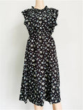 Zjkrl  -  Summer Ladies Elegant Dot Print Chic Dress Women Casual Butterfly Sleeve Ruffles Medium Long Chiffon Dress
