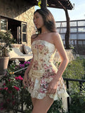 ZJKRL -  Puss Flower Print 2-Piece Set Women Y2K Single-Breasted Metal Buckle Wrap Top+Lace Folds Hem Skirt Sweet Matching Suits