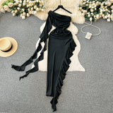Zjkrl - Women Chic Ruffle Long Sleeve Diagonal Collar Ribbon Sexy Slim Split Dress Vintage Fashion Vestido Elegant Hip Wrap Dress