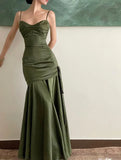 Elegant Emerald Green Irregular Patchwork Evening Party Dress High Waist Spaghetti Strap Pleated Hem Prom Gown For Women