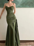 Elegant Emerald Green Irregular Patchwork Evening Party Dress High Waist Spaghetti Strap Pleated Hem Prom Gown For Women