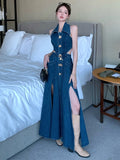 Zjkrl  -  Sleeveless Denim Dress For Women Metal Buckle Fashion Lapel Hollow Out Waist Slit A-line Vestido Robe Summer New Tide XX141