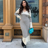 Zjkrl - Black White Striped Knitted Maxi Dress for Women Elegant Long Sleeve Slim Sweater Dress Autumn Winter Causal Long Dress 2023