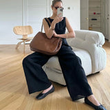 Zjkrl  -  Stripe Top Pant Sets Women Loose O-neck Sleeveless High Waist Lace Up Trousers Outfit Female Summer Fashion Lady Suit