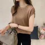 Zjkrl  -  holiday outfits Women Knitted Loose T-shirts O-Neck Casual Tees Tops Summer For Women Solid Short Sleeve Bottoming Shirts