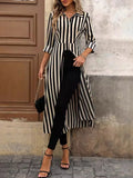 ZJKRL -  New Women's Extra Long Shirt Top Lapel Collar Long Sleeves Striped Long T-shirt Split-joint Pleated Blouse