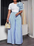 ZJKRL -  Wide Leg Woman Pants Set Summer Appliques White Top and Stripe Trouser Two Piece Office Ladies Wear
