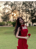 ZJKRL -  Fashionable Suspender Sexy Floral Red Dress Summer Print Elegant V-neck Pullover Tie Tight Women's Backless Long Dress Z639