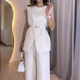Zjkrl  -  Two Piece Sets Women Pants Set Round Neck Belt Sleeveless White High Waist Tops Solid Wide Leg Long Pants Slim Fit Elegant